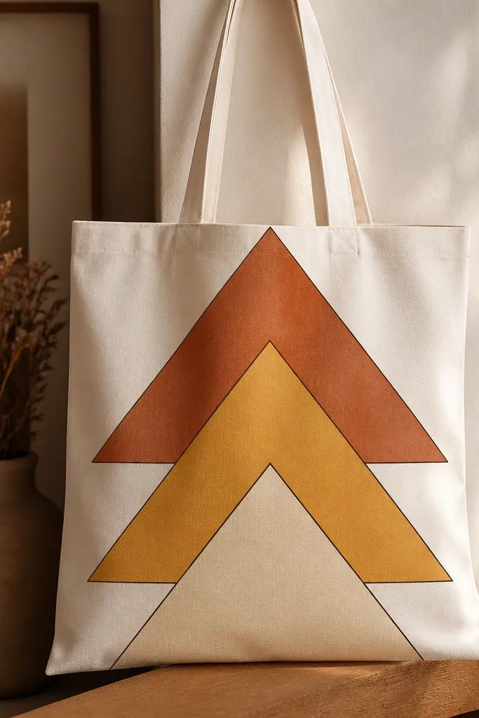 A tote front with stacked triangles pointing upward. Colors alternate between terracotta, honey yellow, and soft cream, with thin burnt umber lines between shapes.
