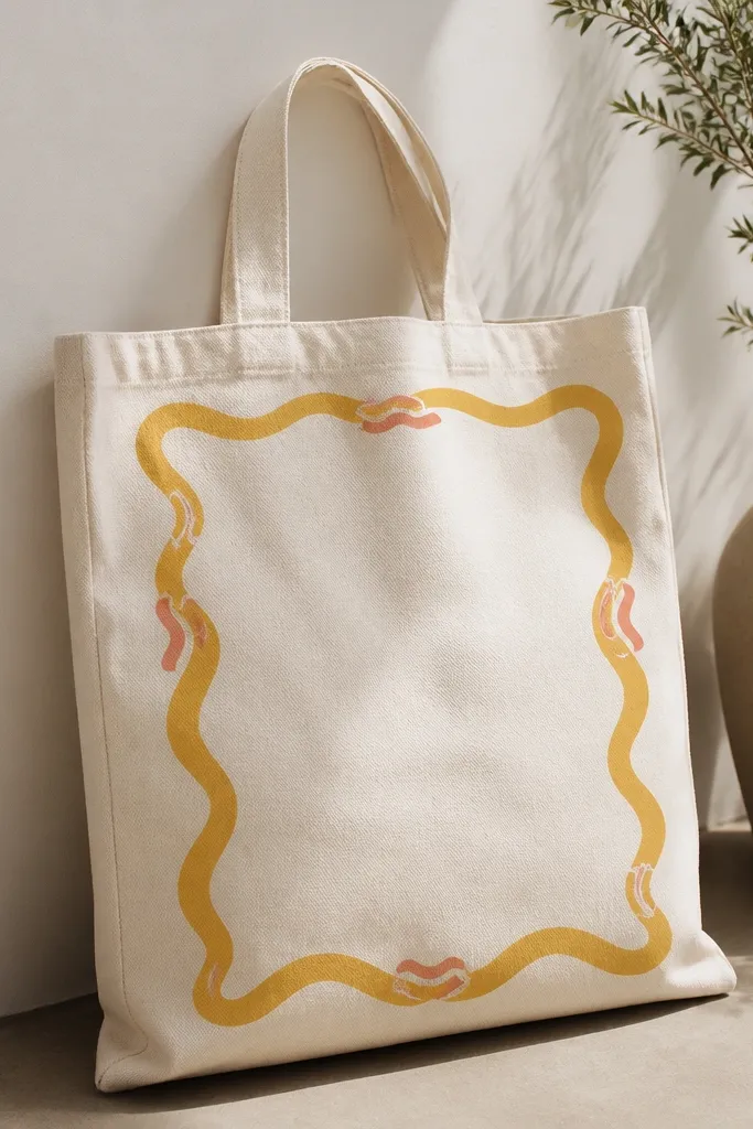 A tote with a wavy rectangular border around the design area. The border is saffron yellow with small coral wave accents, and the inside stays mostly blank.