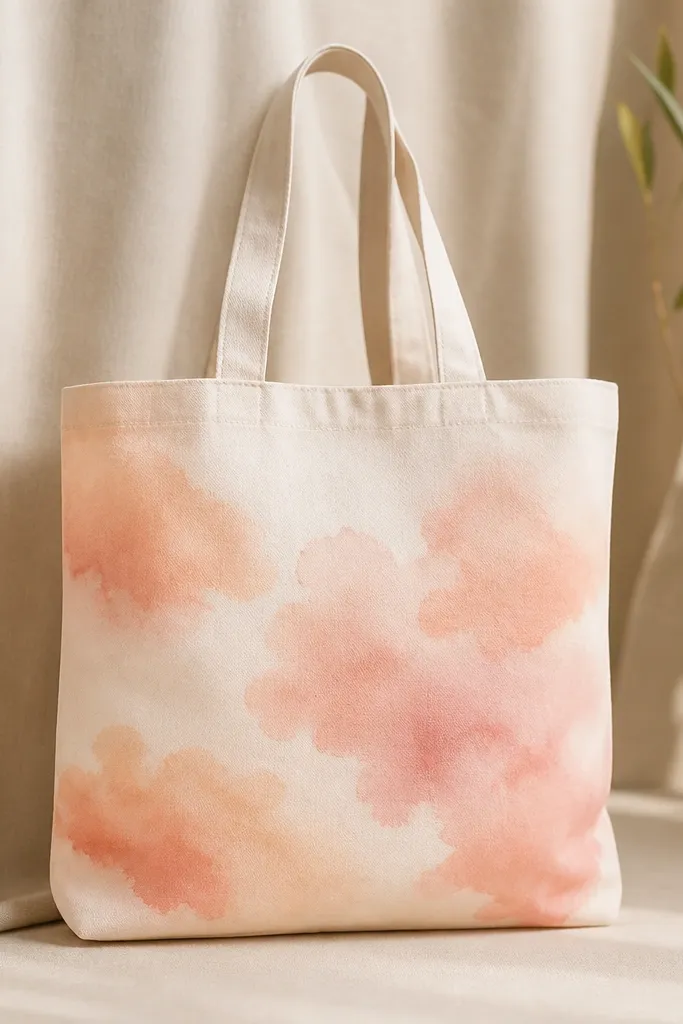 A tote front with soft watercolor-like cloud shapes. Colors fade from apricot to peach with watery edges, and the clouds sit around the center without outlines.