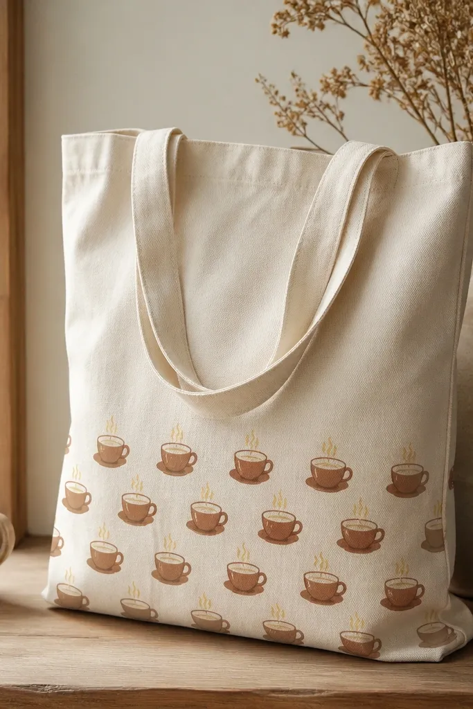 A tote with repeated coffee cup icons along the lower half. Cups are painted in warm cinnamon brown with warm cream highlights and small steam lines in pale honey yellow.