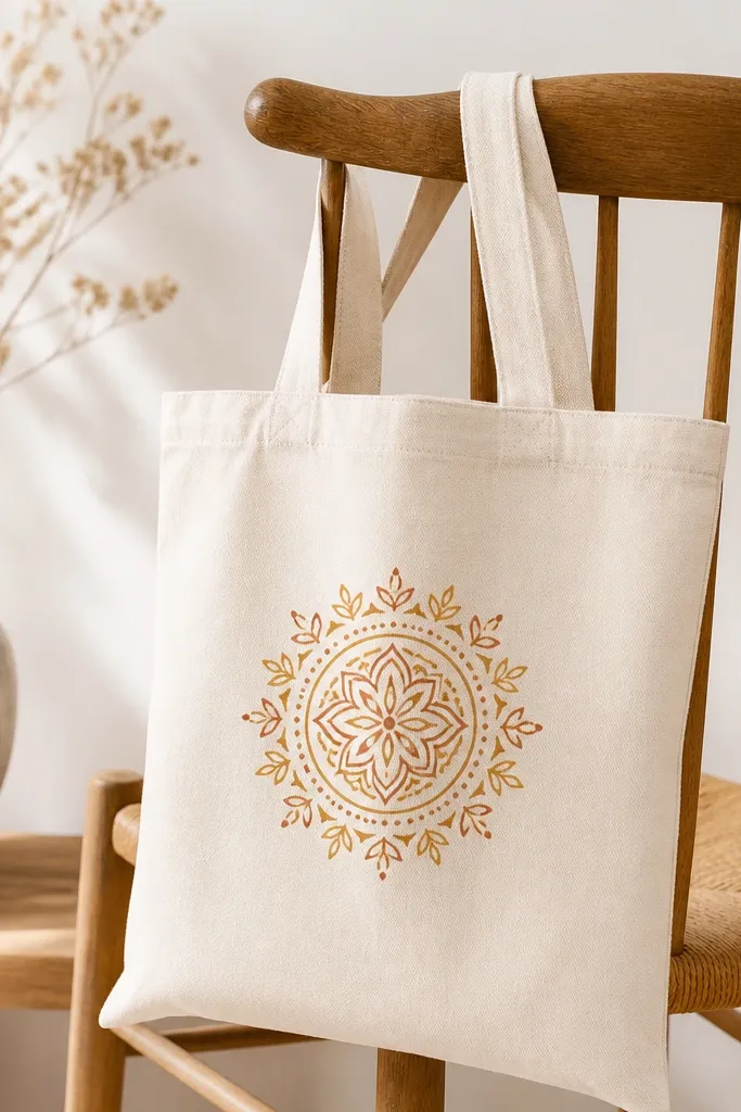 A tote with a small mandala cluster in the center. Lines are terracotta and honey yellow, with dot accents and tiny leaf shapes around the outer ring.