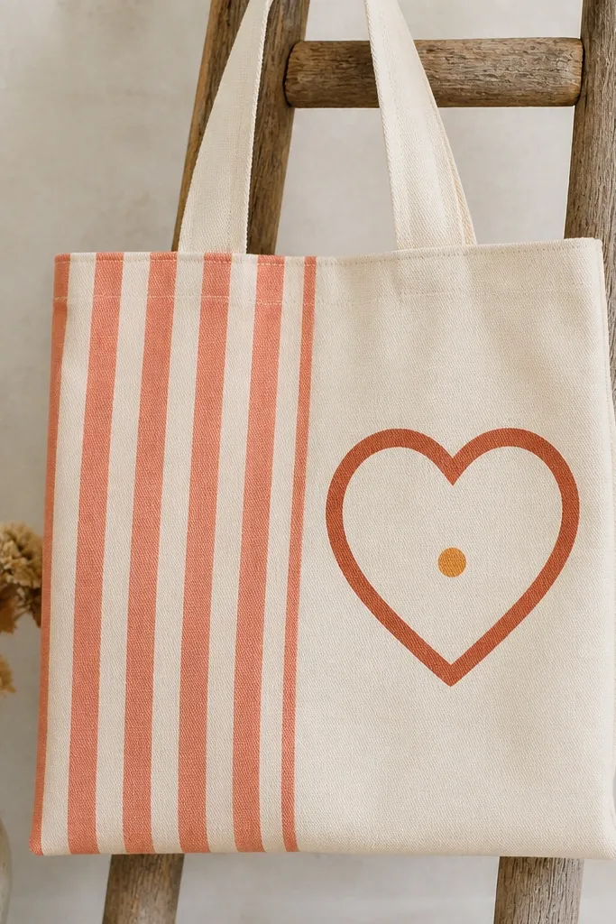 A tote split into two vertical halves. Left half has warm coral stripes, right half has a large cream heart outlined in terracotta with a small honey dot in the center.