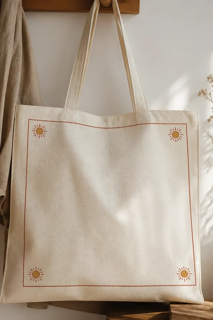 A tote with a thin rectangular border in burnt umber. In each corner sits a small sun made of a honey dot center and short terracotta rays.