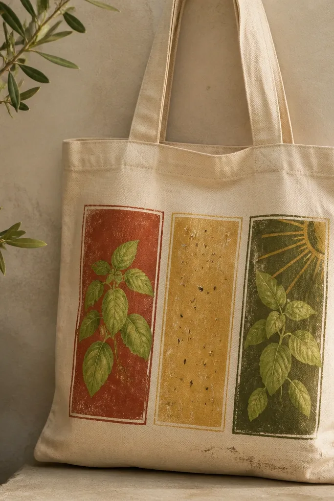 A cream canvas tote bag with three vertical fresco-style panels. The left panel is tomato-red with soft lime basil leaves, the middle panel is dusty yellow with tiny speckled seeds, and the right panel is deep olive with a partial sunburst behind the leaves. Around each panel are uneven chalky white borders that look hand-sketched, with a few worn spots near the bottom hem.