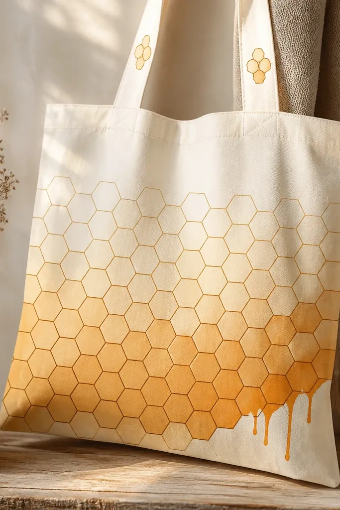 A warm cream tote bag painted with a honeycomb grid across the front. The hexagons fade from pale oat milk at the top to deeper honey gold at the bottom. Thin burnt sienna lines outline every hex, and a few controlled drips hang from the lower right corner in uneven lengths. The strap area stays mostly clean with only two small gold hex clusters near the top.