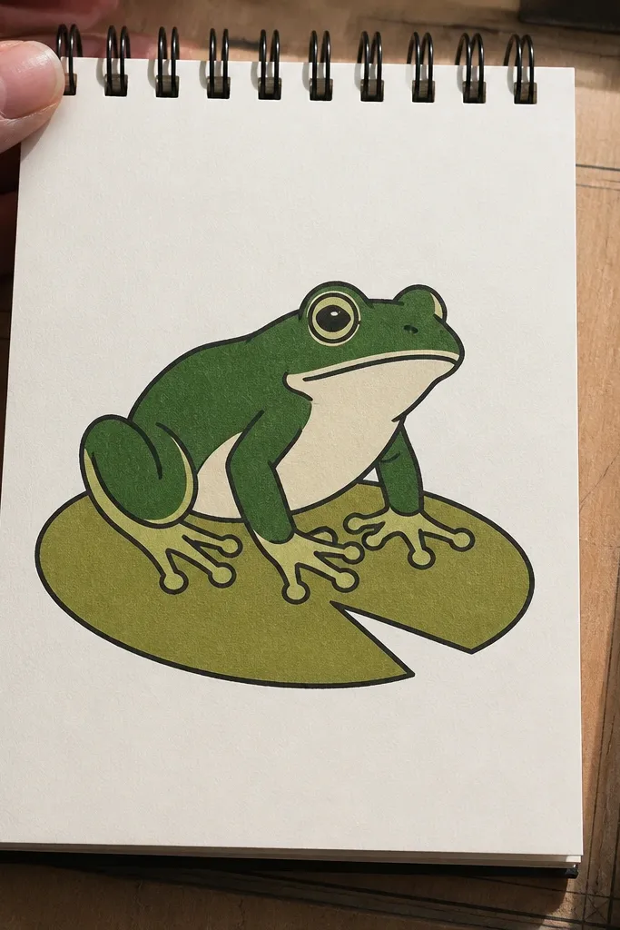 Green frog on a round lily pad with three flat color sections and bold black outline