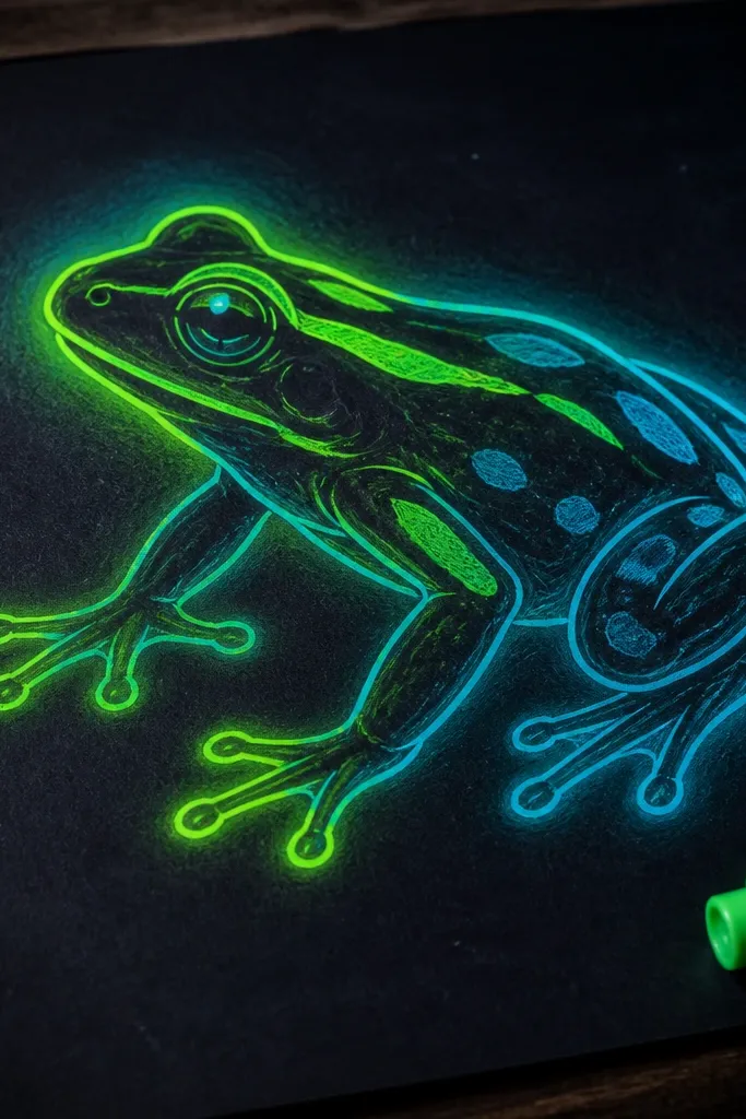 Bright neon green frog with glowing edges on a dark background with white chalk marks