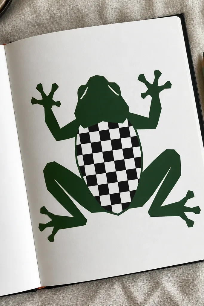 Frog with a checkerboard belly pattern and simple solid head and thick outlines