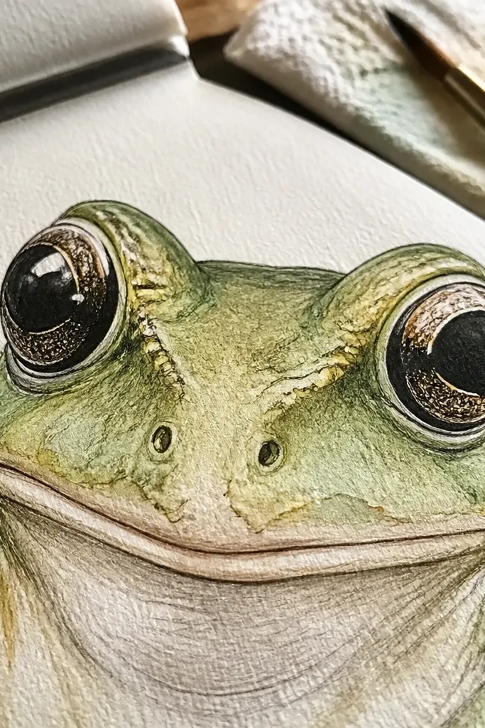 Big-eyed frog portrait with gentle watercolor wash and clean fineliner outline