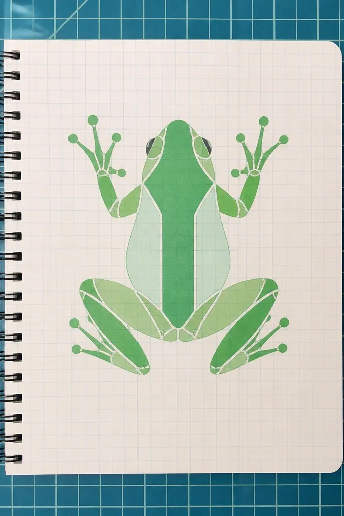 Top-down view frog centered on a light grid with tidy lines and green tones