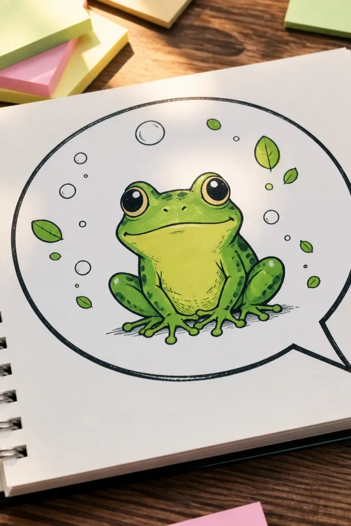 Cartoon frog inside a speech bubble with small plants and a bold outline