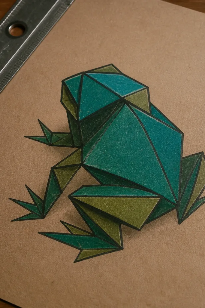 Geometric origami-style frog with triangular fold lines in green and beige