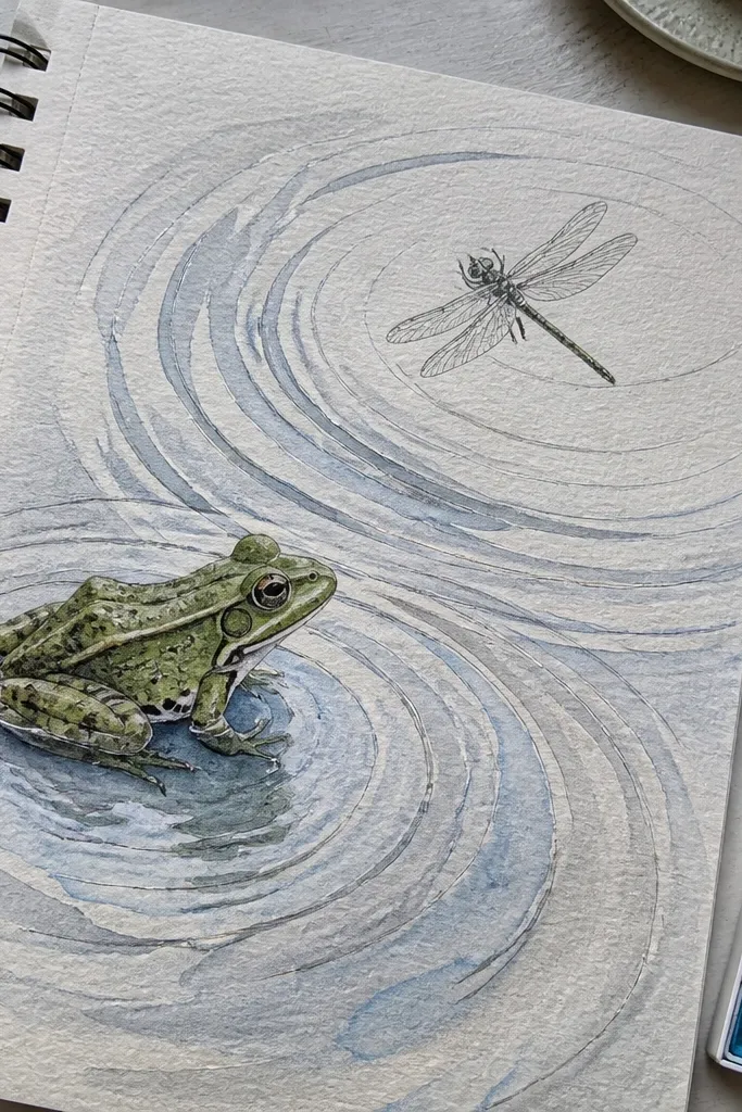 Frog sitting by rippling water lines with a small dragonfly above