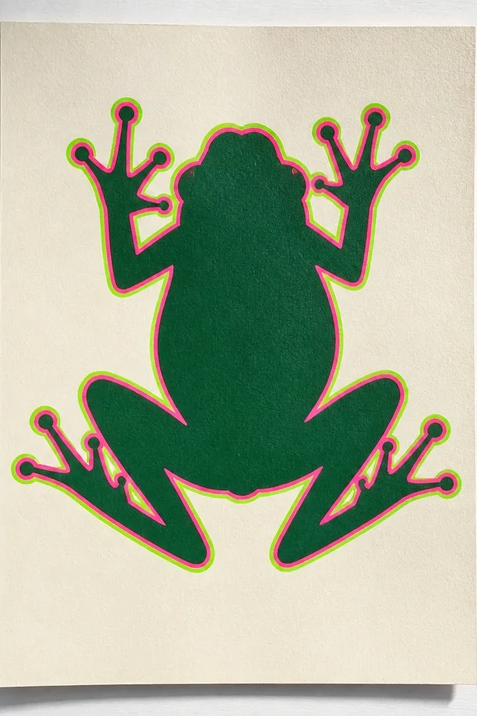Solid black frog silhouette with bright neon outline and minimal background elements