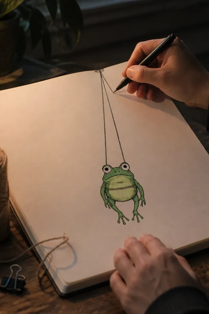 Cute frog hanging from a string with tiny knots and a simple background
