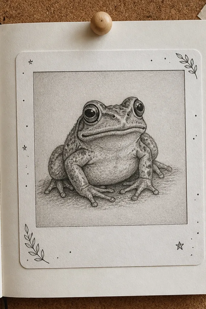 Frog inside a polaroid-style white frame with small doodles around it