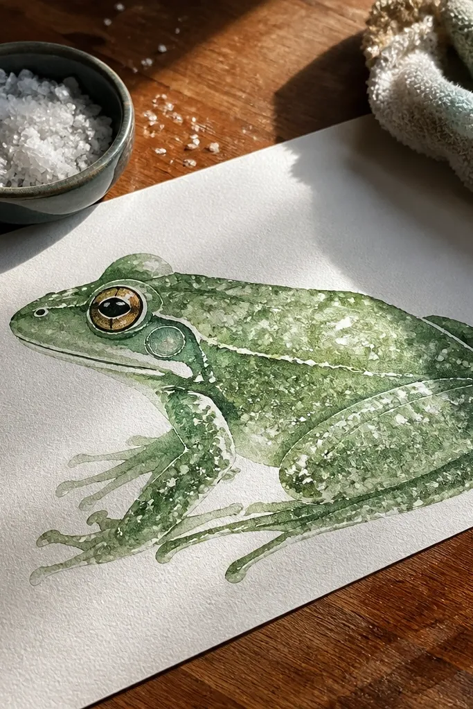Watercolor frog with speckled salt texture on green body and soft background
