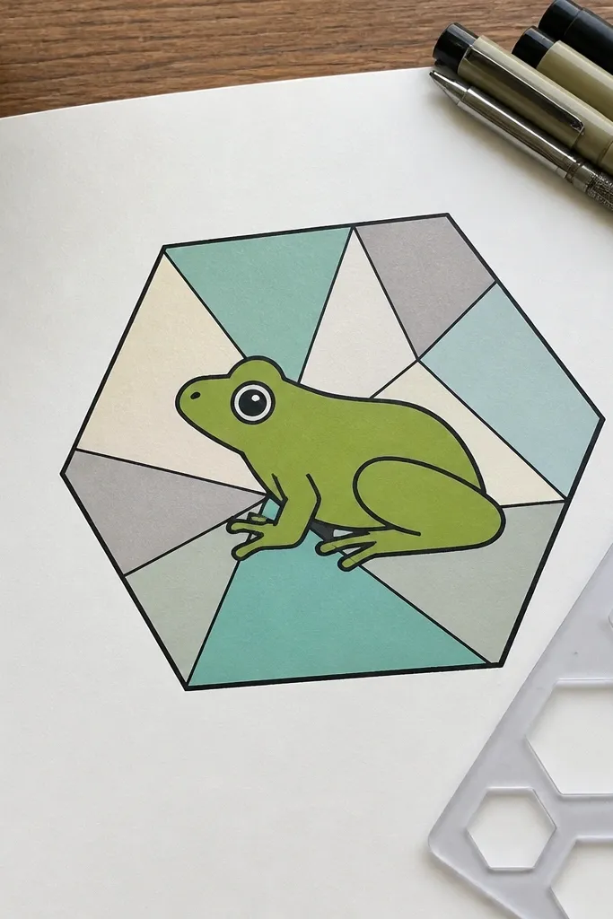 Frog drawn inside a hexagon with geometric background shapes and bold colors