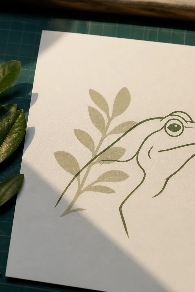 Side profile frog with a leaf silhouette shadow behind it
