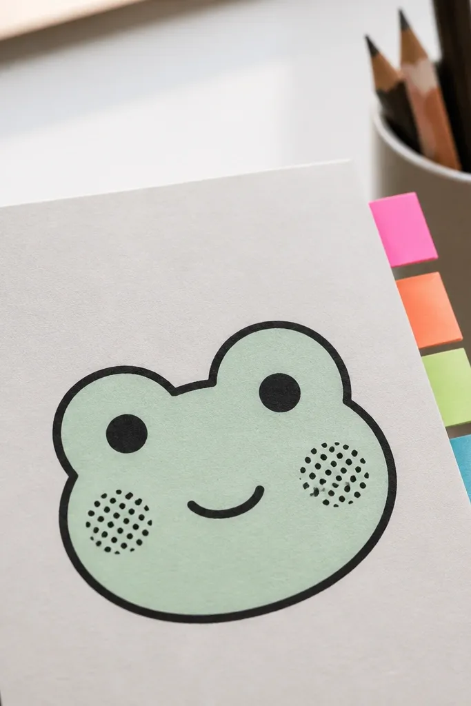 Simple frog face with smile and patterned cheeks using dots and stripes