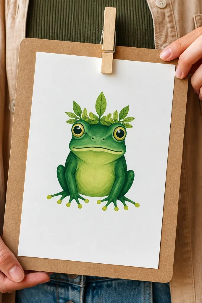 Frog with a small leaf crown on its head and simple background dots