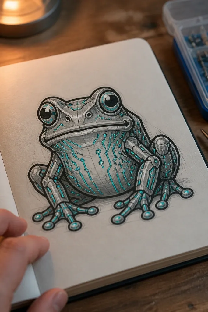 Frog with a small robot face and circuit lines on a green body