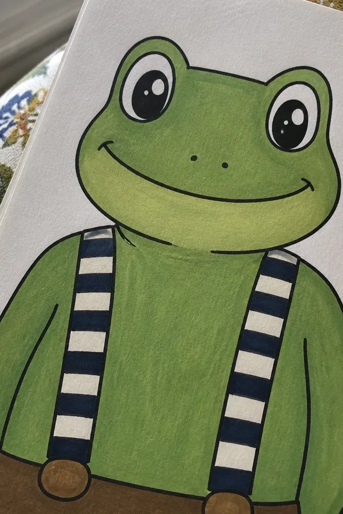 Cartoon frog with striped suspenders and a cute front-facing pose