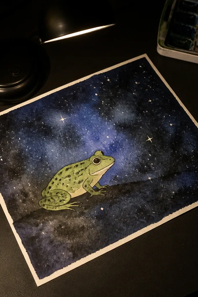 Green frog sitting on a dark watercolor night sky with star speckles