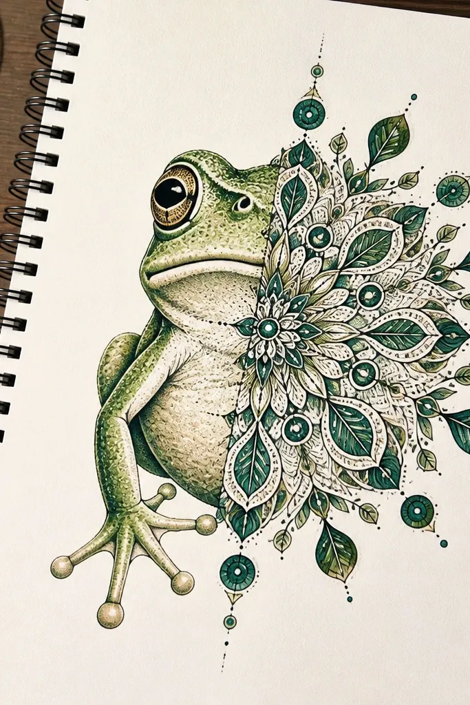 Frog half-body with mandala-style patterns spreading outward in green and gold tones