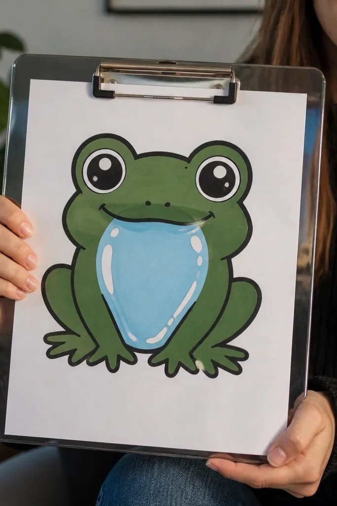 Frog with a glossy belly area outlined in white highlights and light blue shading