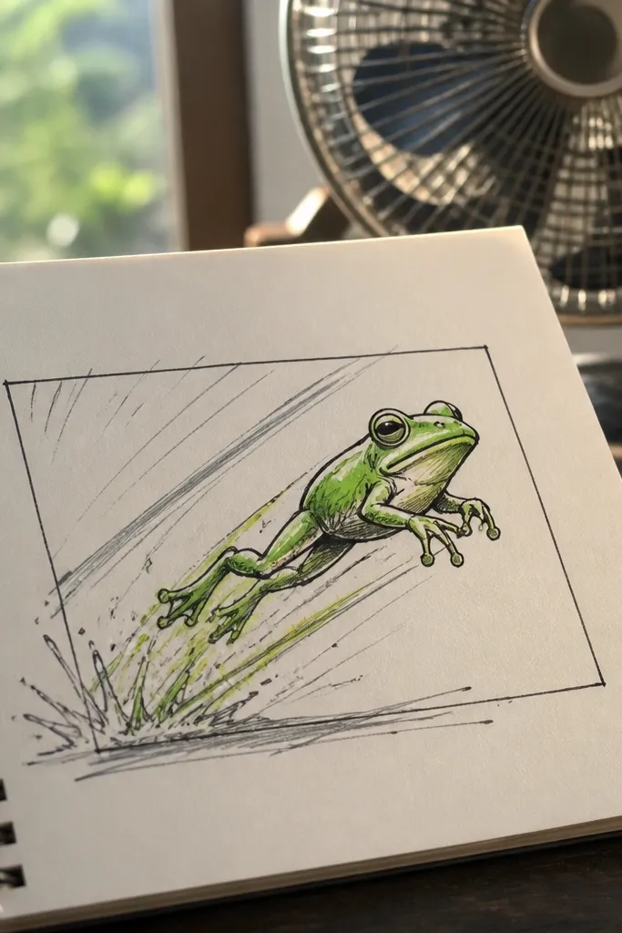 Jumping frog with motion lines and a rectangular frame behind it