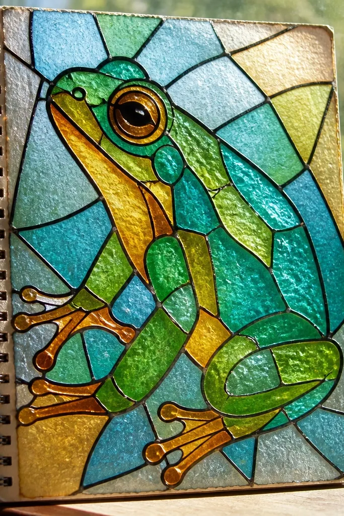 Stained-glass style frog with dark leading lines and colorful segment fills