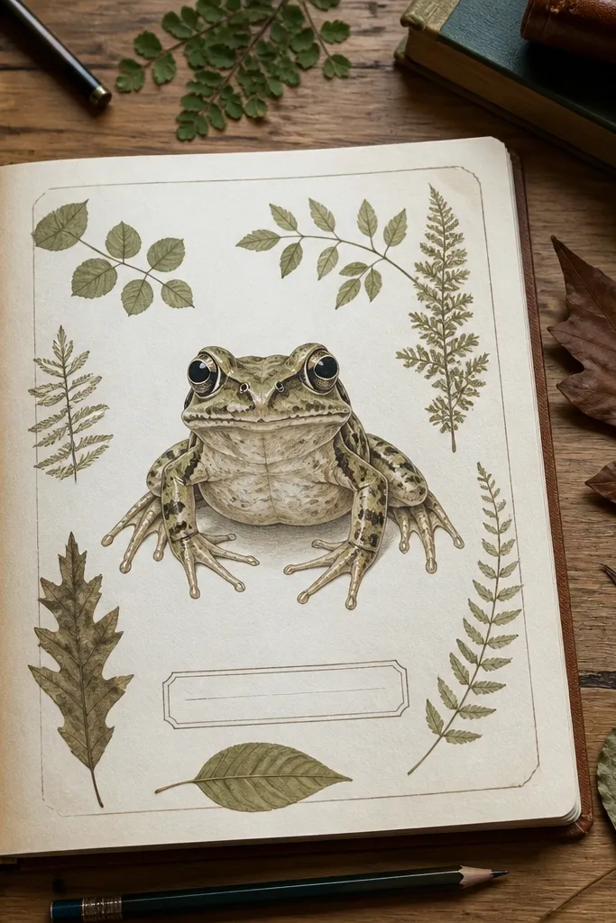 Frog drawing with a botanical press label, leaf shapes, and neat margins
