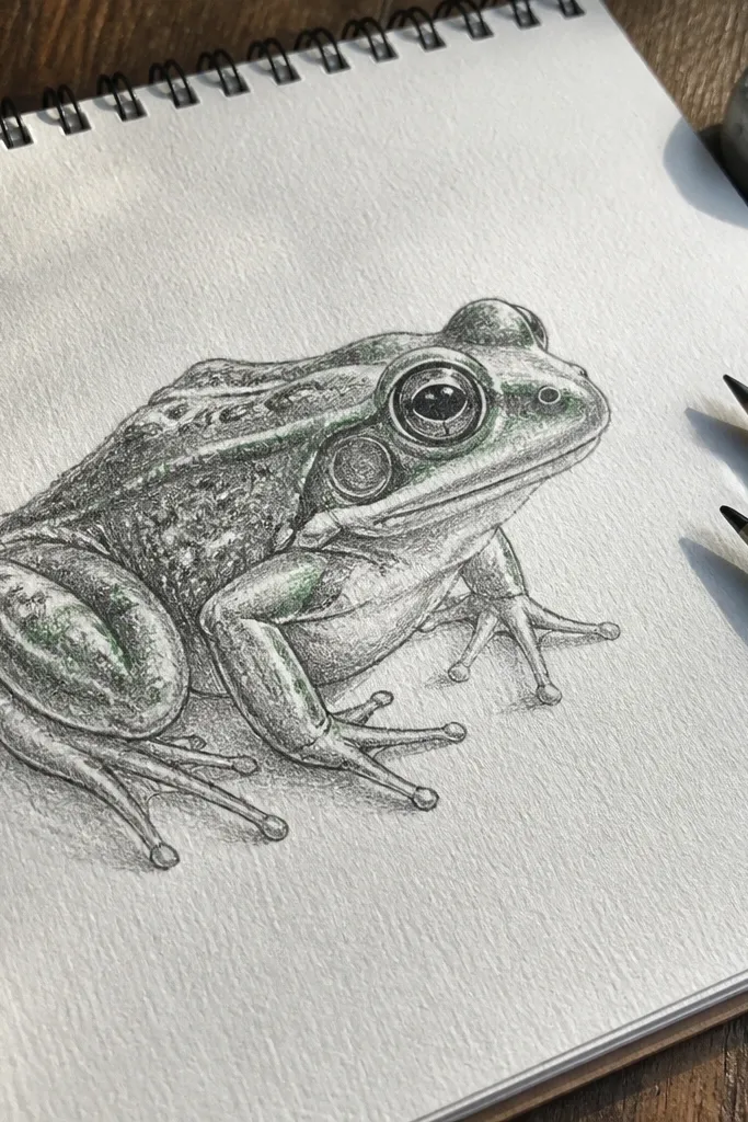 Frog drawn in pencil with visible paper grain shading and soft gradients