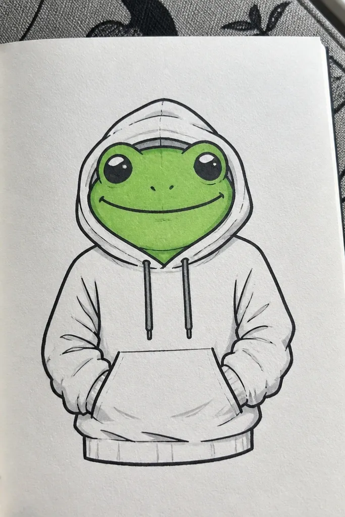 Cute frog wearing a hoodie, with drawstring lines and simple fabric folds