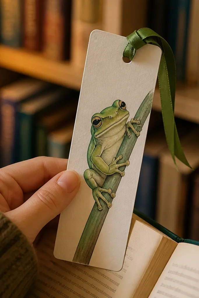 Frog bookmark drawing with a tied corner ribbon and simple green shapes