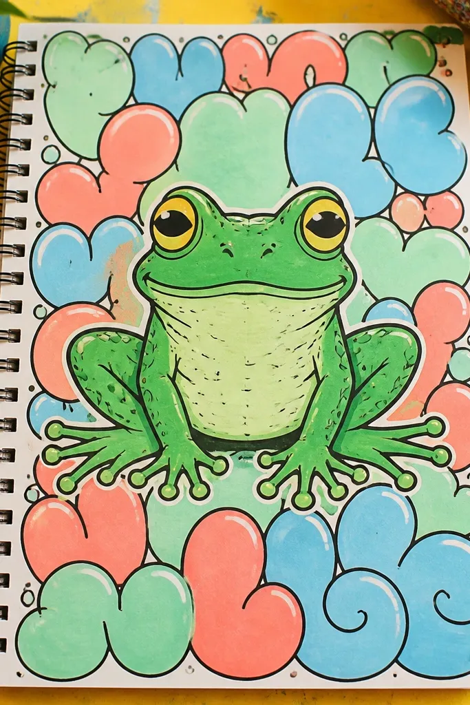 Frog in the center with bubble letters and small heart bubbles behind it
