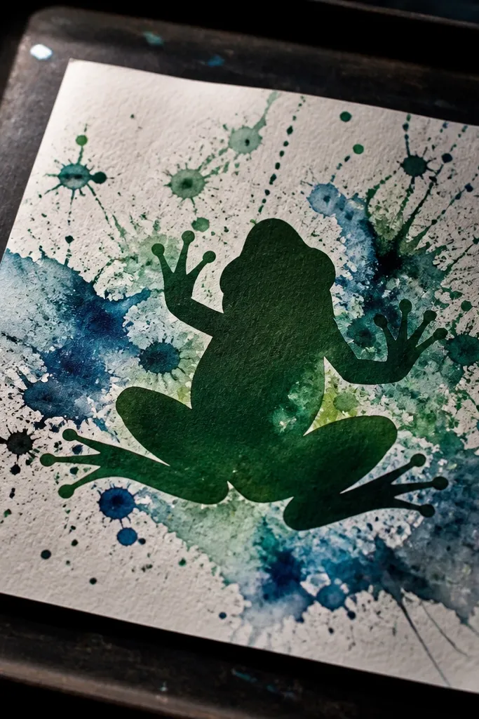 Green frog with splatter and watercolor edge bleeding around the outline