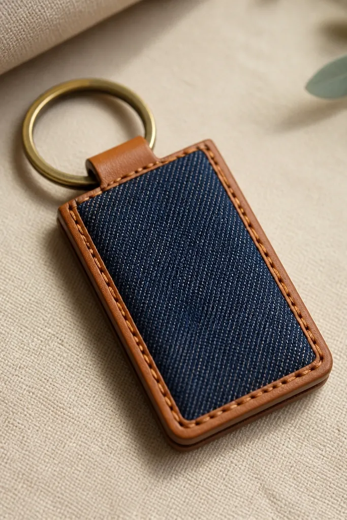 A small denim key fob made from dark blue jeans, folded into a thick rectangle. The edges are trimmed with a narrow strip of tan leather and stitched around the perimeter. A brass key ring sits at the top, with visible thread tension and clean corner points.