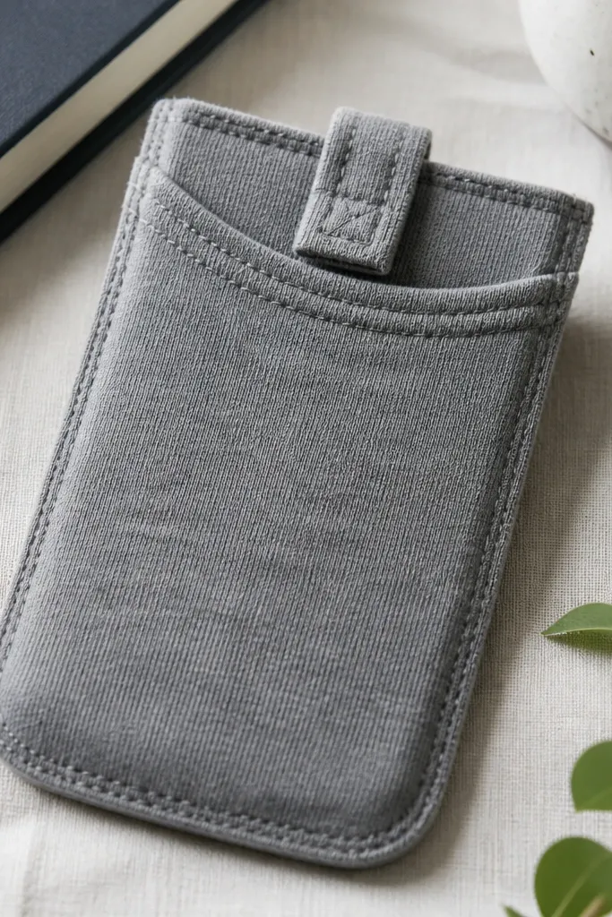 A phone sleeve sewn from a faded gray hoodie pocket panel. The sleeve has a curved top opening, visible stitching in matching gray thread, and a small fabric tab closure. The fabric shows soft knit texture and slight pilling near the edges.