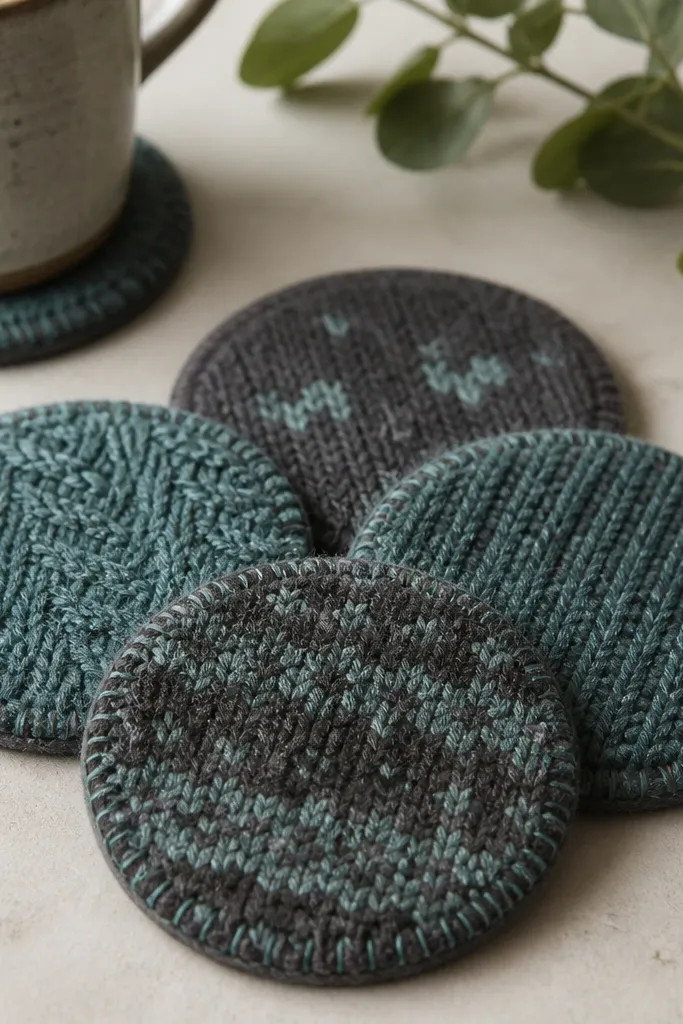 Four round coasters made from an upcycled knit sweater in muted teal and charcoal. Each coaster has a dense felt backing visible at the edges, with a stitched perimeter and slight knit fuzz texture.