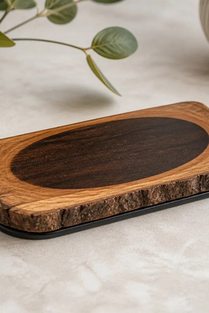 A small rectangular tray made from a sanded wood slice and a thin base plate. The top has a smooth oval wood area for holding a stamp pad or ink roller, with a dark stain finish and a clean edge.