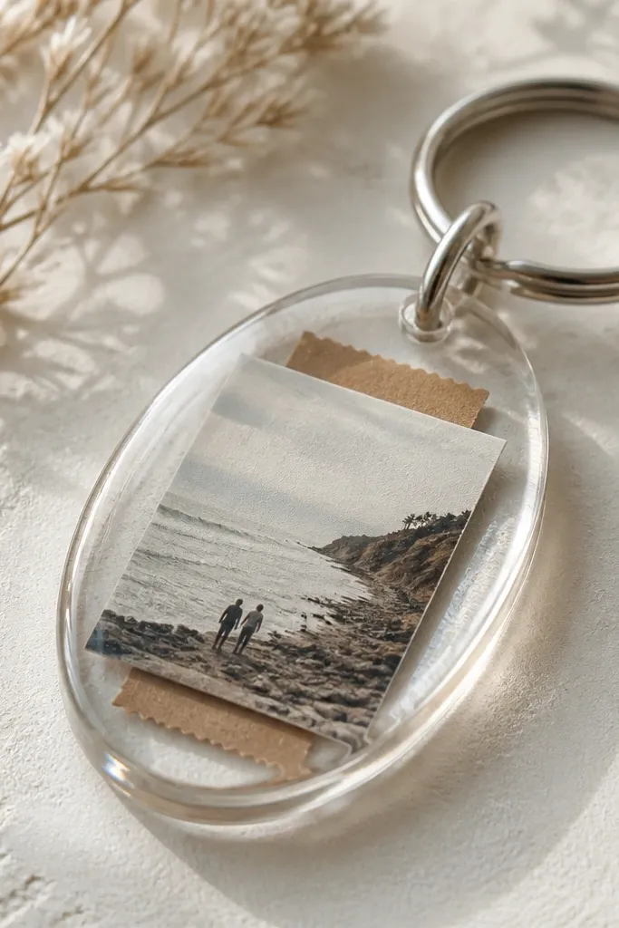 A clear resin keychain shaped like an oval. Inside the resin are layered tiny paper pieces: a small printed photo and a brown ticket stub. The edges are smooth and glossy, with a silver key ring attached.