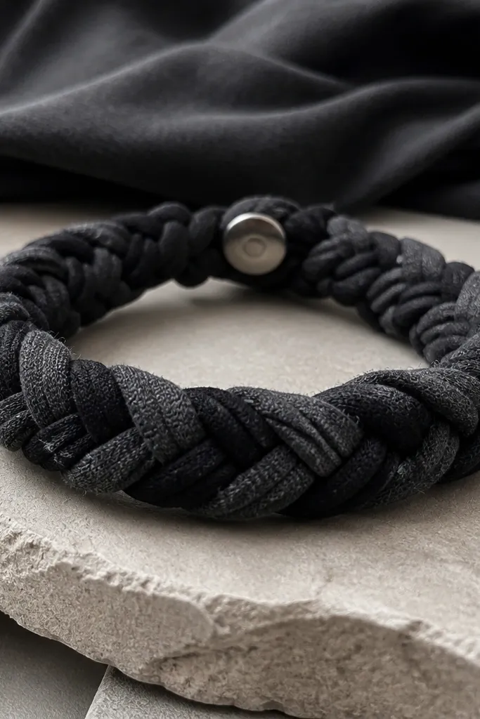 A chunky braided bracelet made from strips of an old black and charcoal T-shirt. The braid has a tight weave and a small braided closure with a metal snap. The fabric looks soft and slightly fuzzy in the folds.
