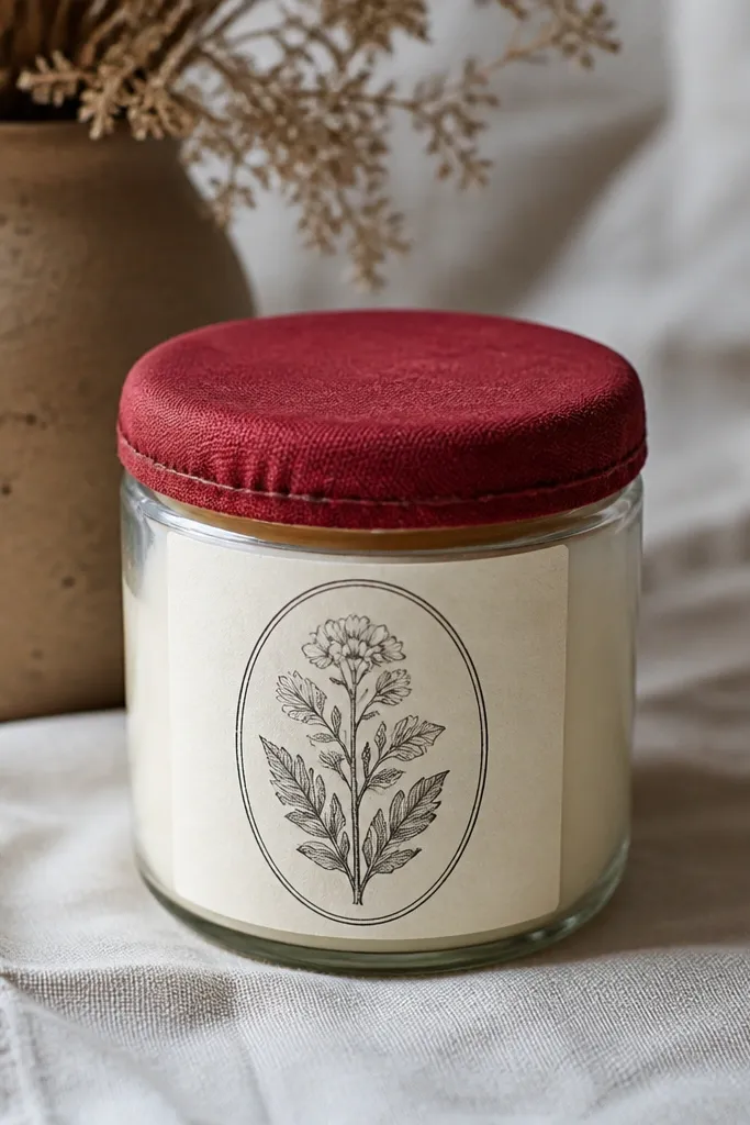A reused glass candle jar with a new label made from cream paper and black ink. The lid top is covered with a small circle of fabric in deep red, secured with a ring of glue and a neat seam line.
