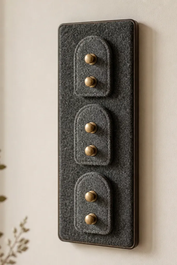 A set of three felt key hooks shaped like small rounded tabs, made from an old wool coat. The hooks are glued onto a thin backing board in a vertical row, with two brass knobs for hooks and a clean border edge.
