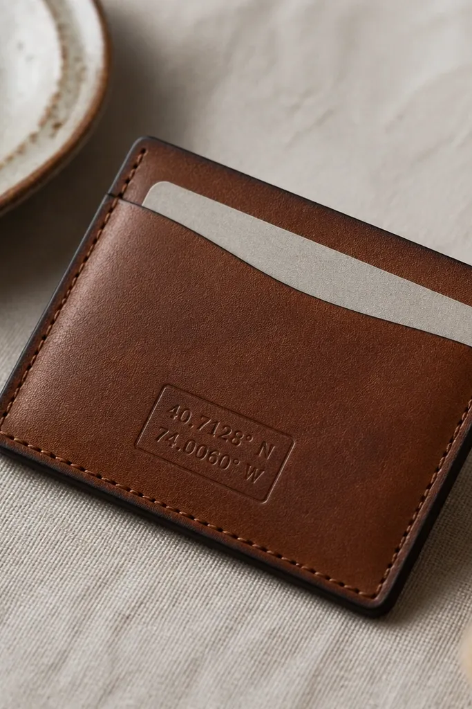 A slim leather card holder made from two pieces of brown leather. The front has a small stamped rectangle with coordinates in simple stamped lettering. The edges are burnished and slightly darker along the seams.