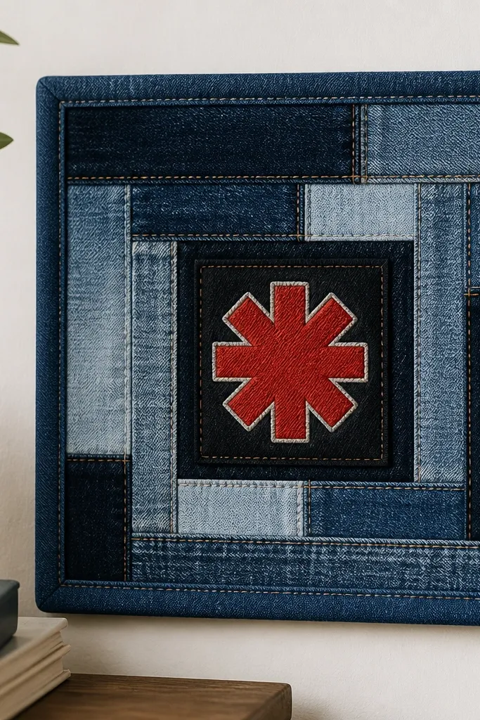 A small wall-hanging made from denim squares and strips. The center has a repurposed band logo patch sewn onto a darker denim background, with neat topstitching around each piece. The edges are finished with a folded denim border.