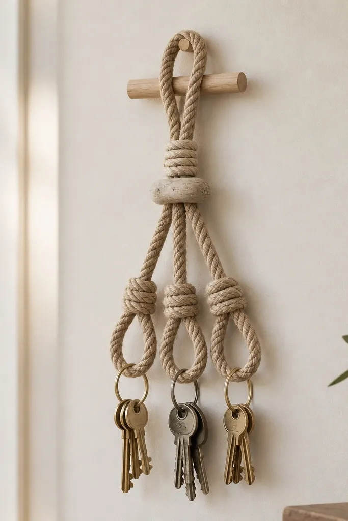 A wall organizer made from thick natural rope. Keys hang from three looped knots, with a small driftwood bead near the top. The rope knots look even and tight, and the hanger is secured to a small wooden dowel.