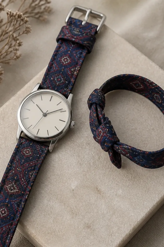 A watch band made from an upcycled patterned tie in muted navy and burgundy. The band has a stitched edge and a small metal buckle. Next to it is a matching fabric bracelet strip with a simple knot closure.